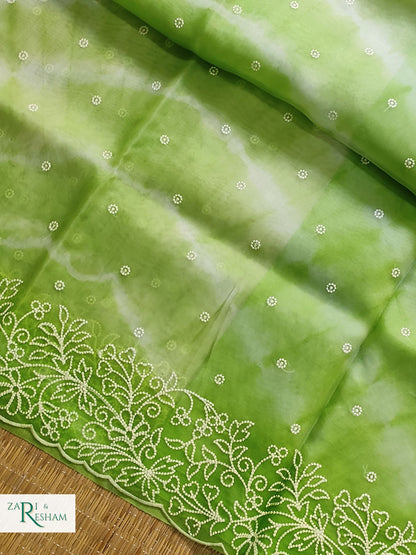 Pure Organza Silk Saree with Pearl Style Embroidery Work in Tied Dye Colour - Green