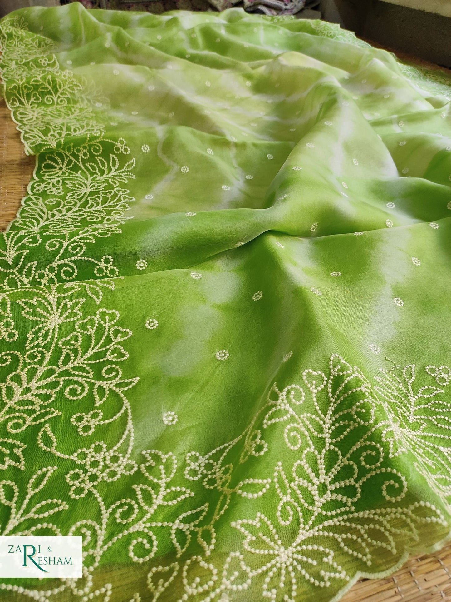 Pure Organza Silk Saree with Pearl Style Embroidery Work in Tied Dye Colour - Green