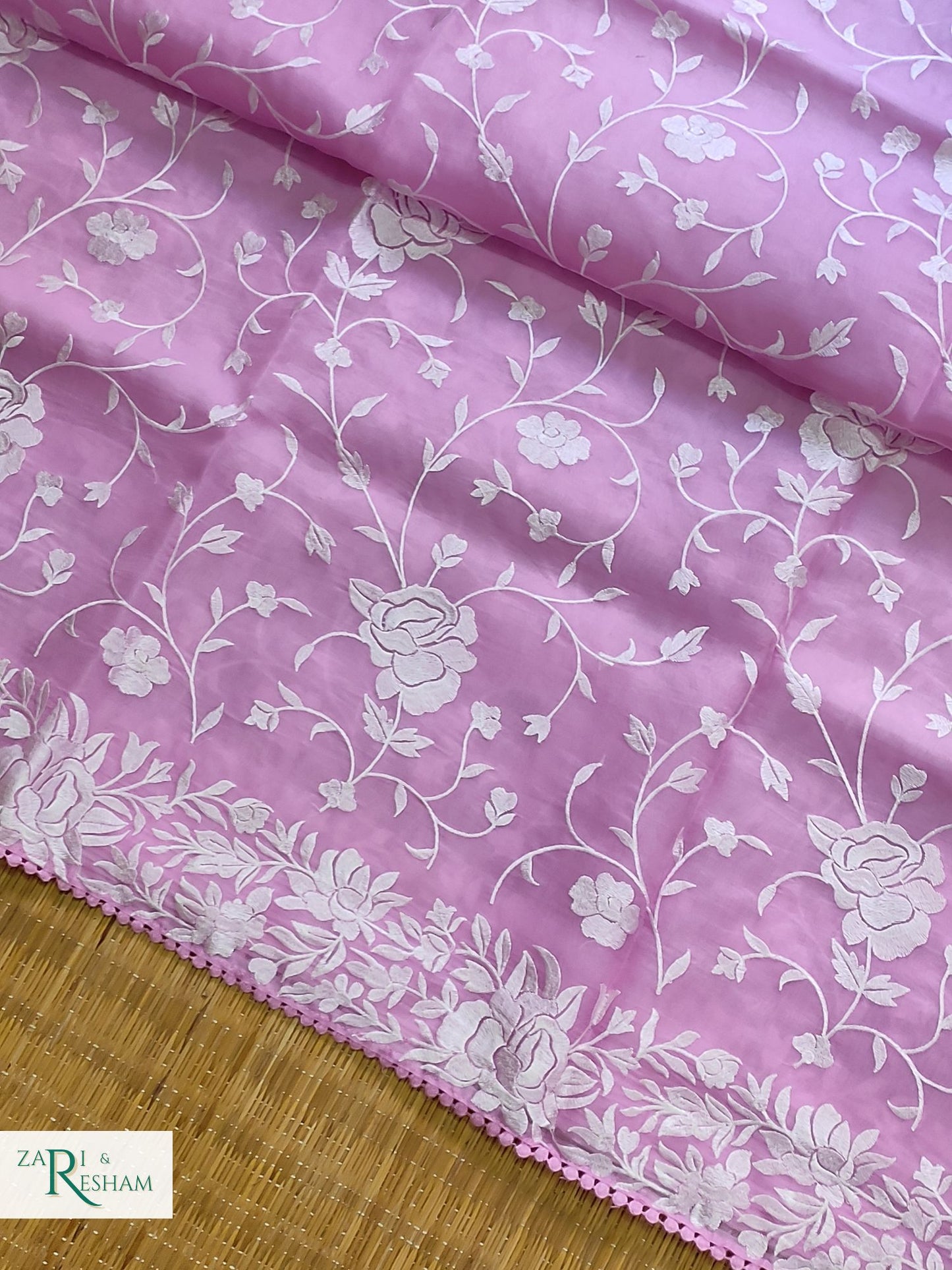 Pure Organza Silk Saree with Parsi Style Jaal Embroidery Work - Pink