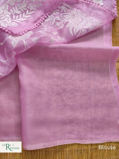 Pure Organza Silk Saree with Parsi Style Jaal Embroidery Work - Pink