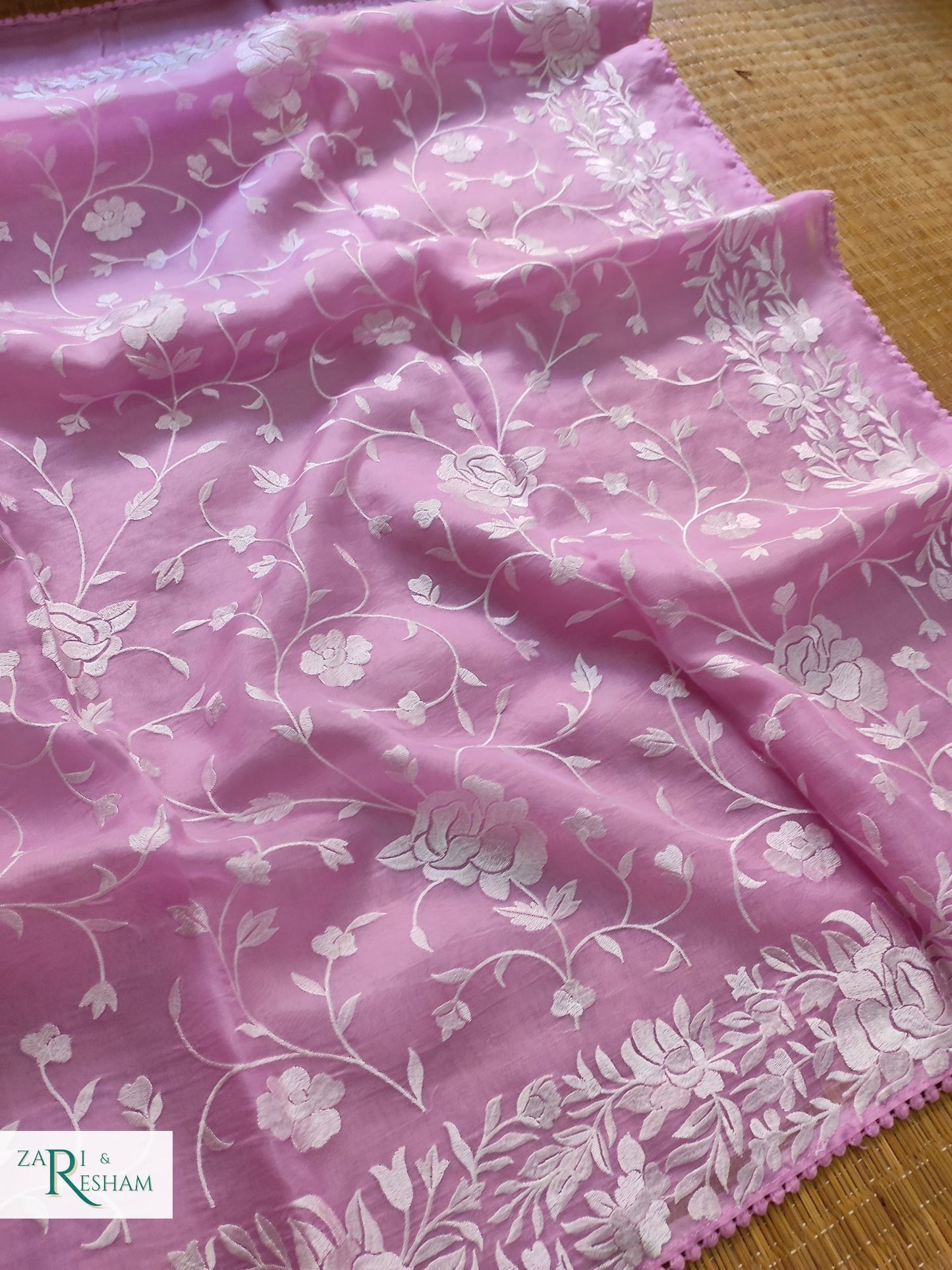 Pure Organza Silk Saree with Parsi Style Jaal Embroidery Work - Pink