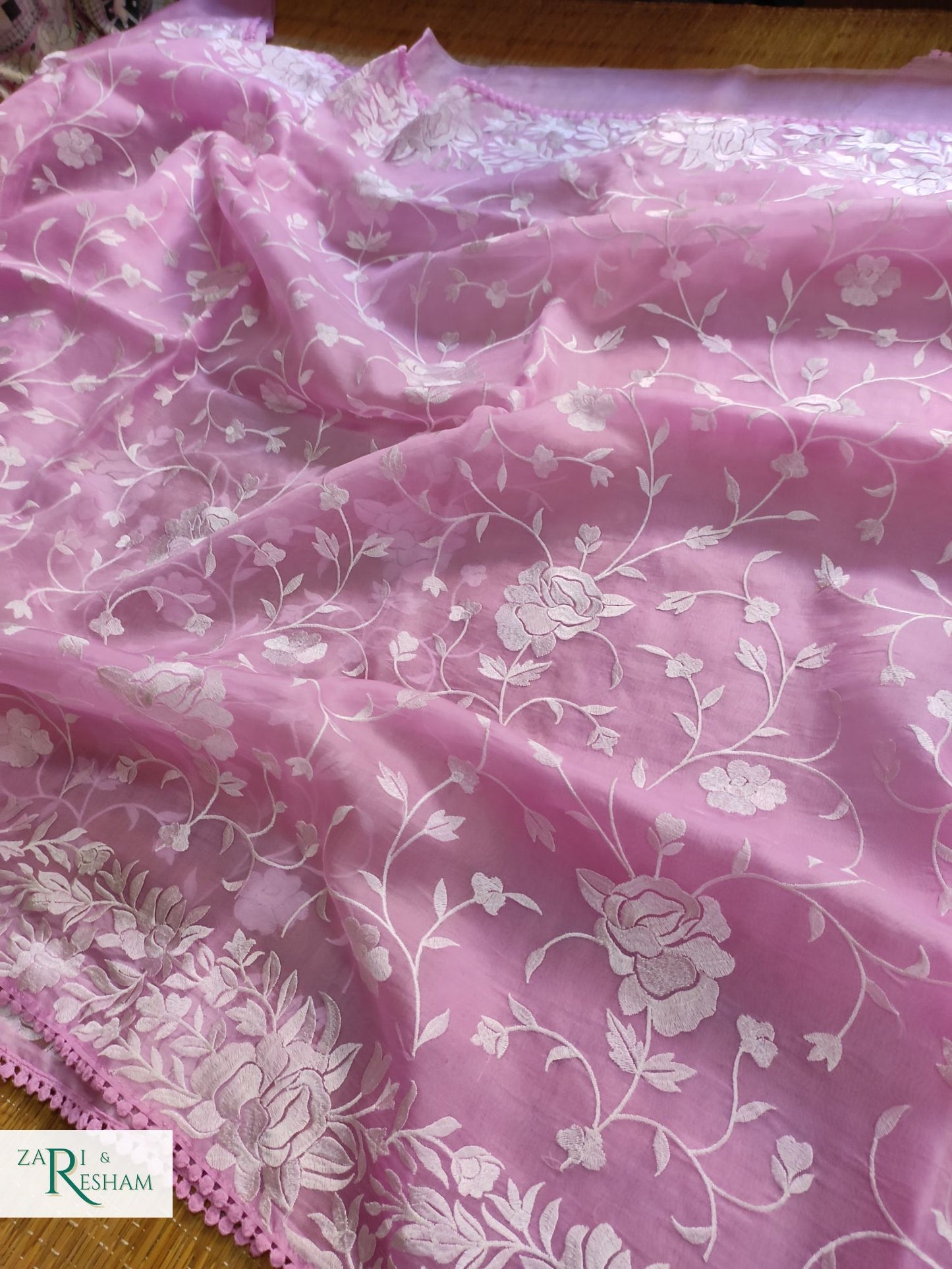 Pure Organza Silk Saree with Parsi Style Jaal Embroidery Work - Pink