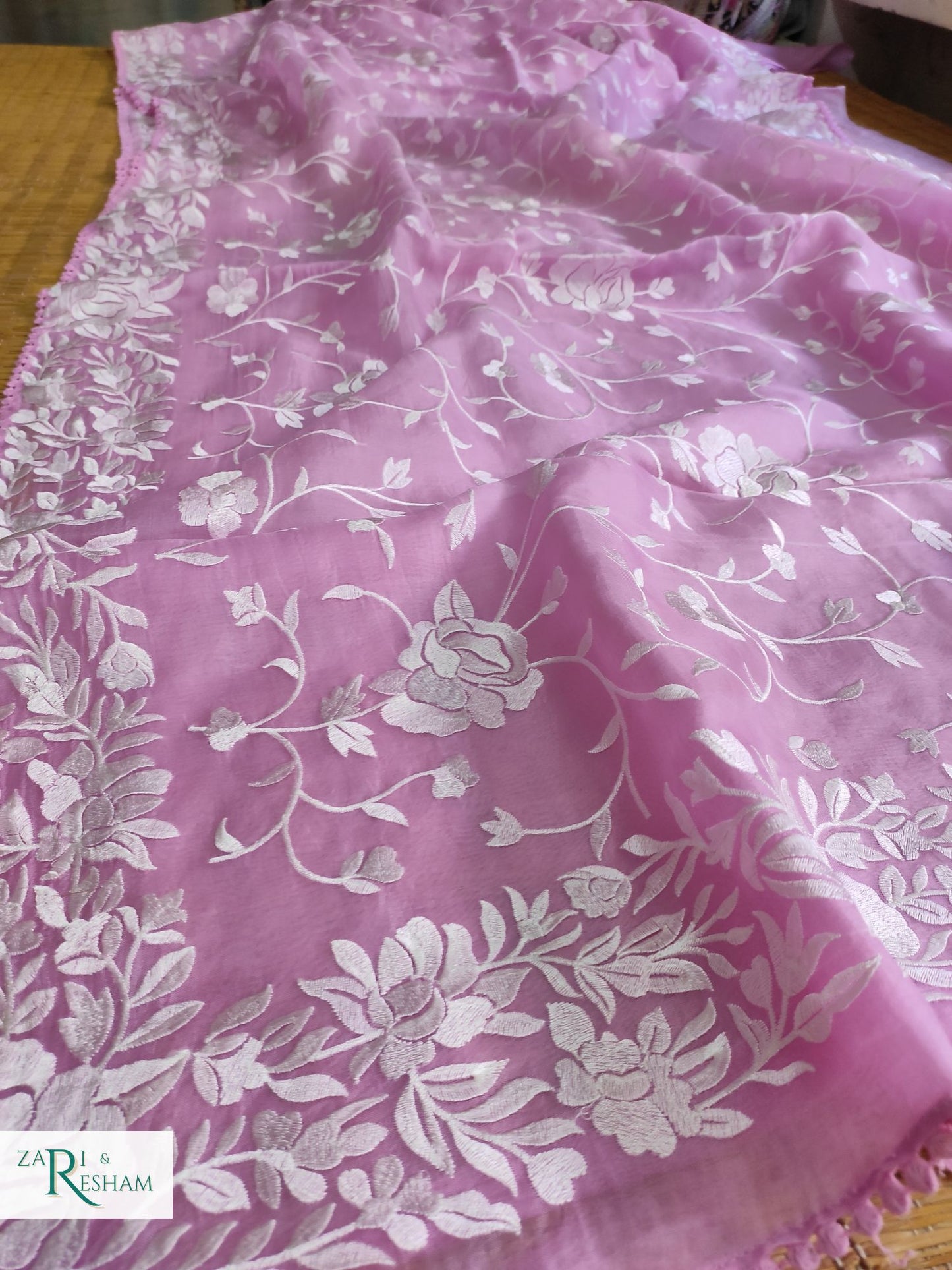 Pure Organza Silk Saree with Parsi Style Jaal Embroidery Work - Pink