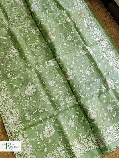 Pure Organza Silk Saree with Parsi Style Jaal Embroidery Work - Green