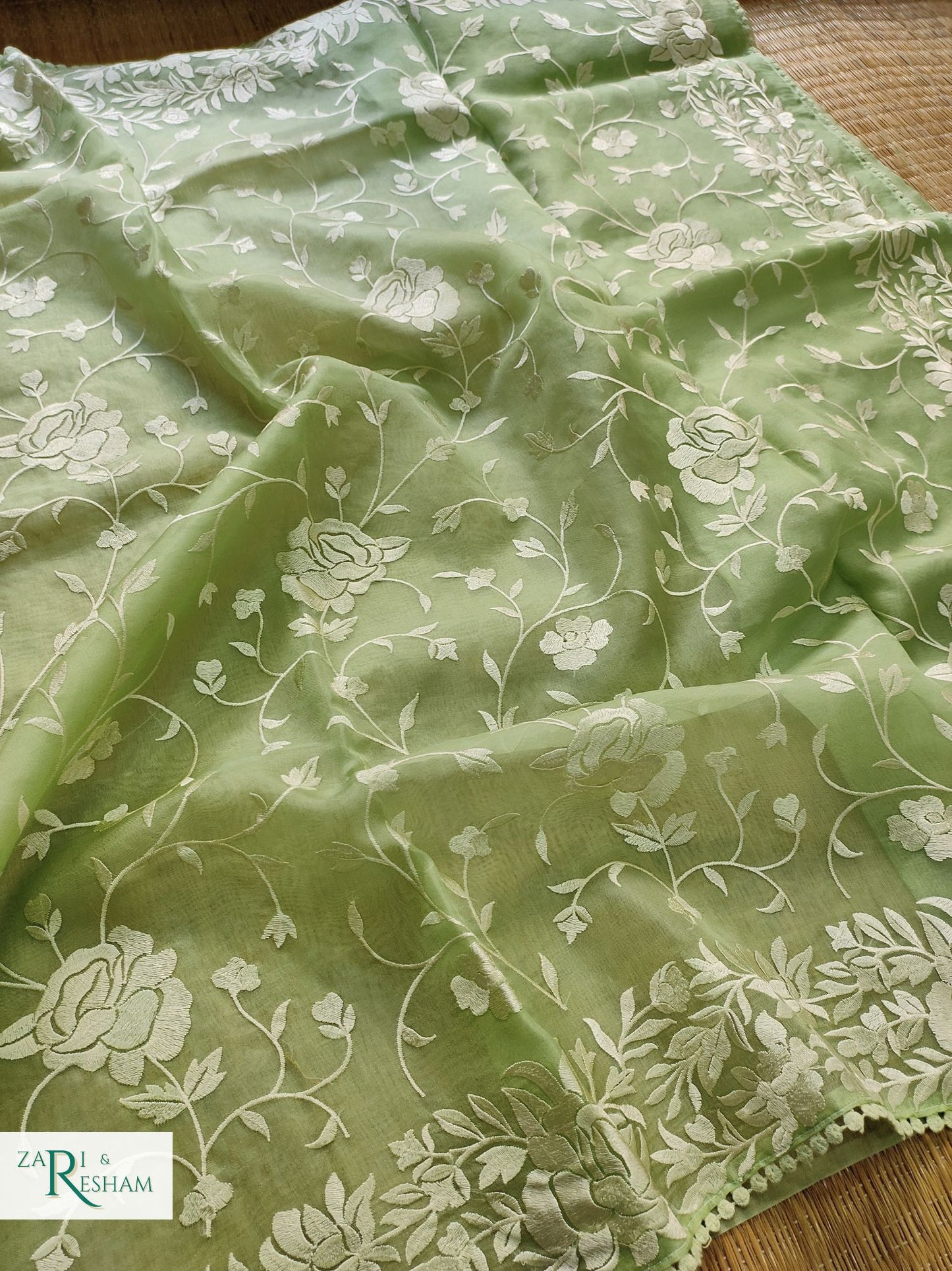 Pure Organza Silk Saree with Parsi Style Jaal Embroidery Work - Green