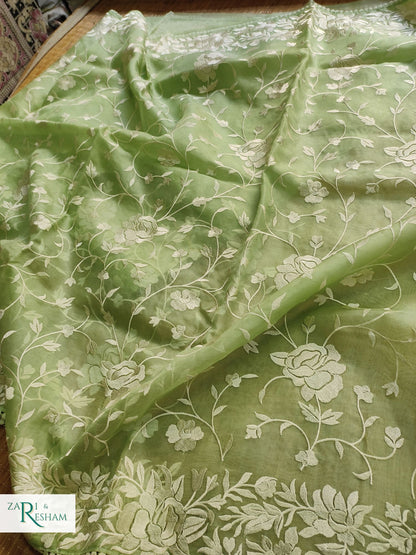 Pure Organza Silk Saree with Parsi Style Jaal Embroidery Work - Green