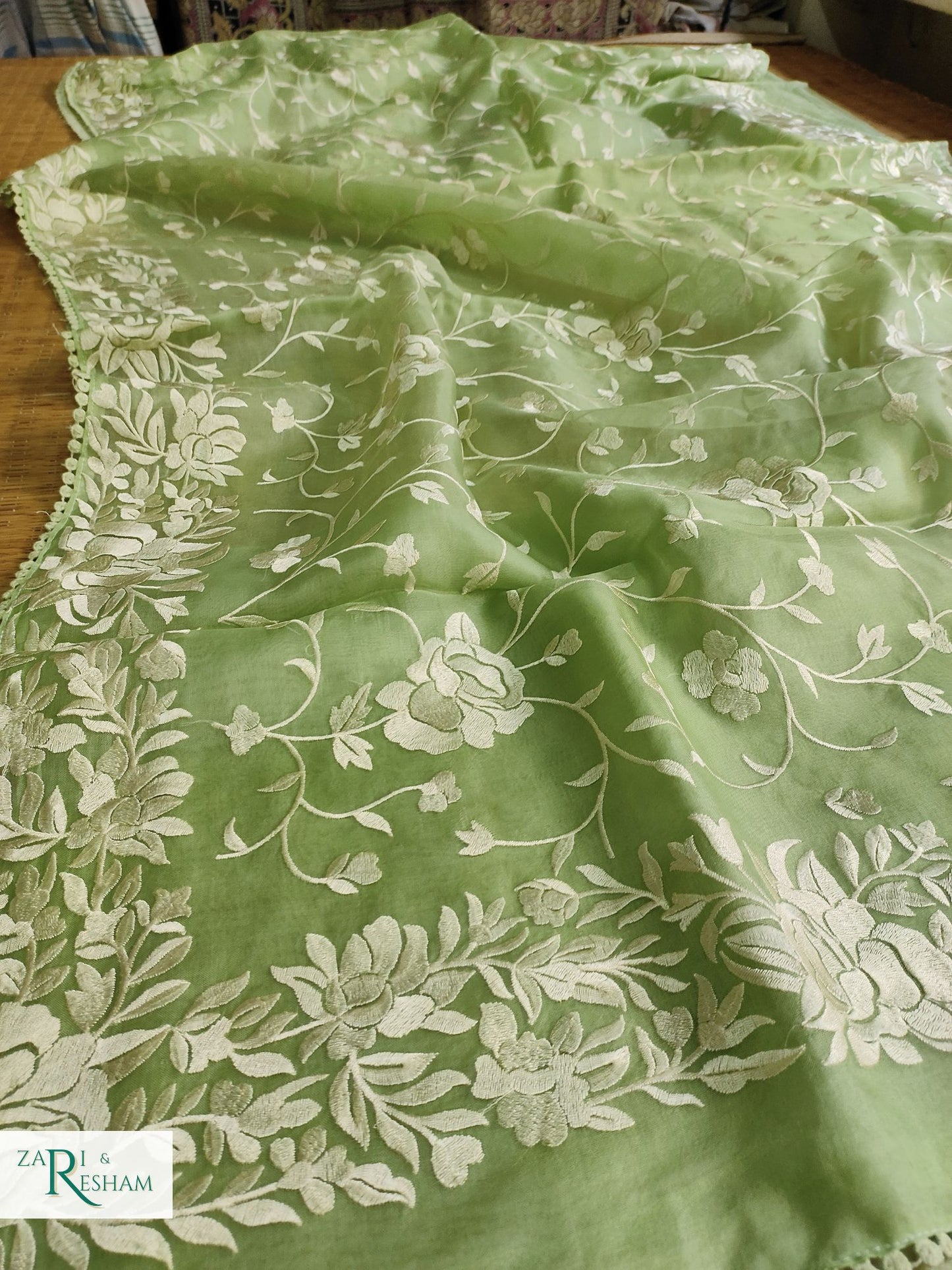 Pure Organza Silk Saree with Parsi Style Jaal Embroidery Work - Green