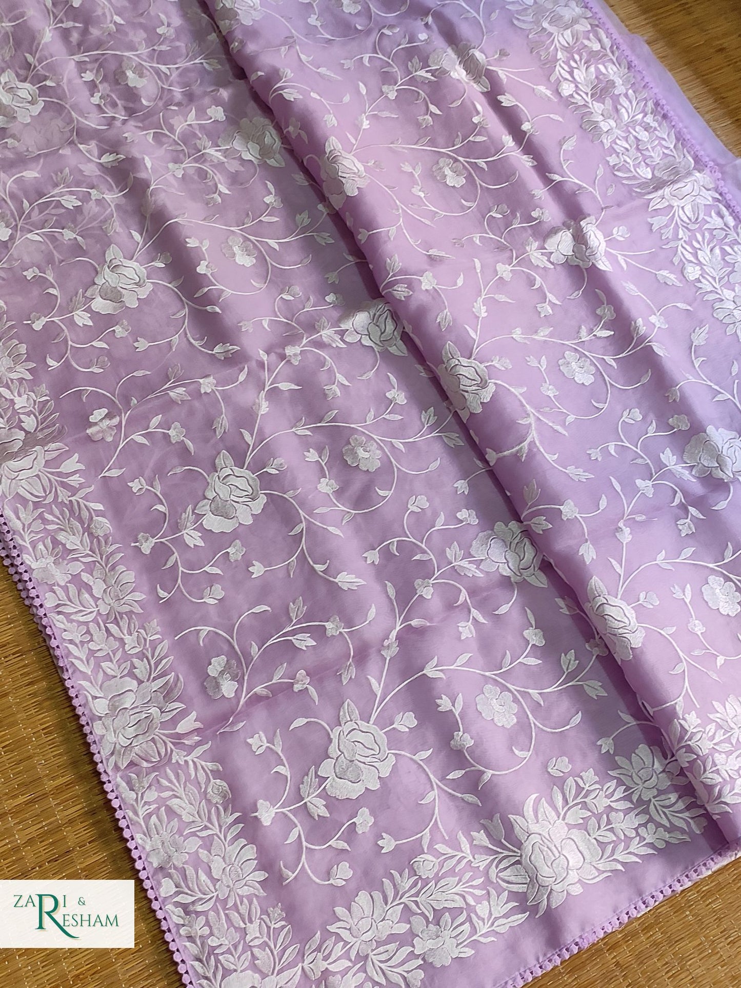 Pure Organza Silk Saree with Parsi Style Jaal Embroidery Work - Light Lavender