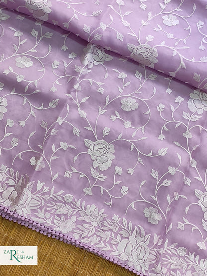 Pure Organza Silk Saree with Parsi Style Jaal Embroidery Work - Light Lavender