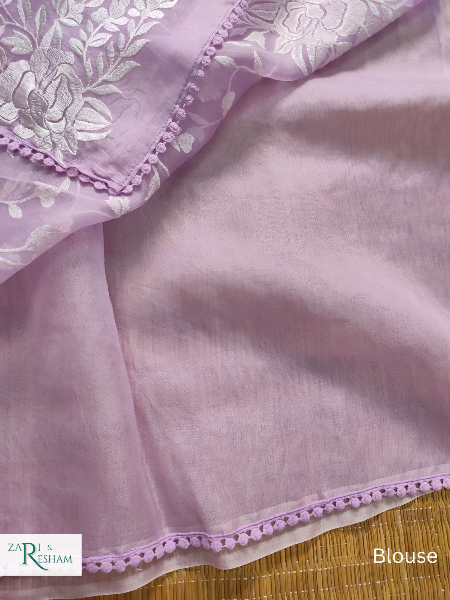 Pure Organza Silk Saree with Parsi Style Jaal Embroidery Work - Light Lavender