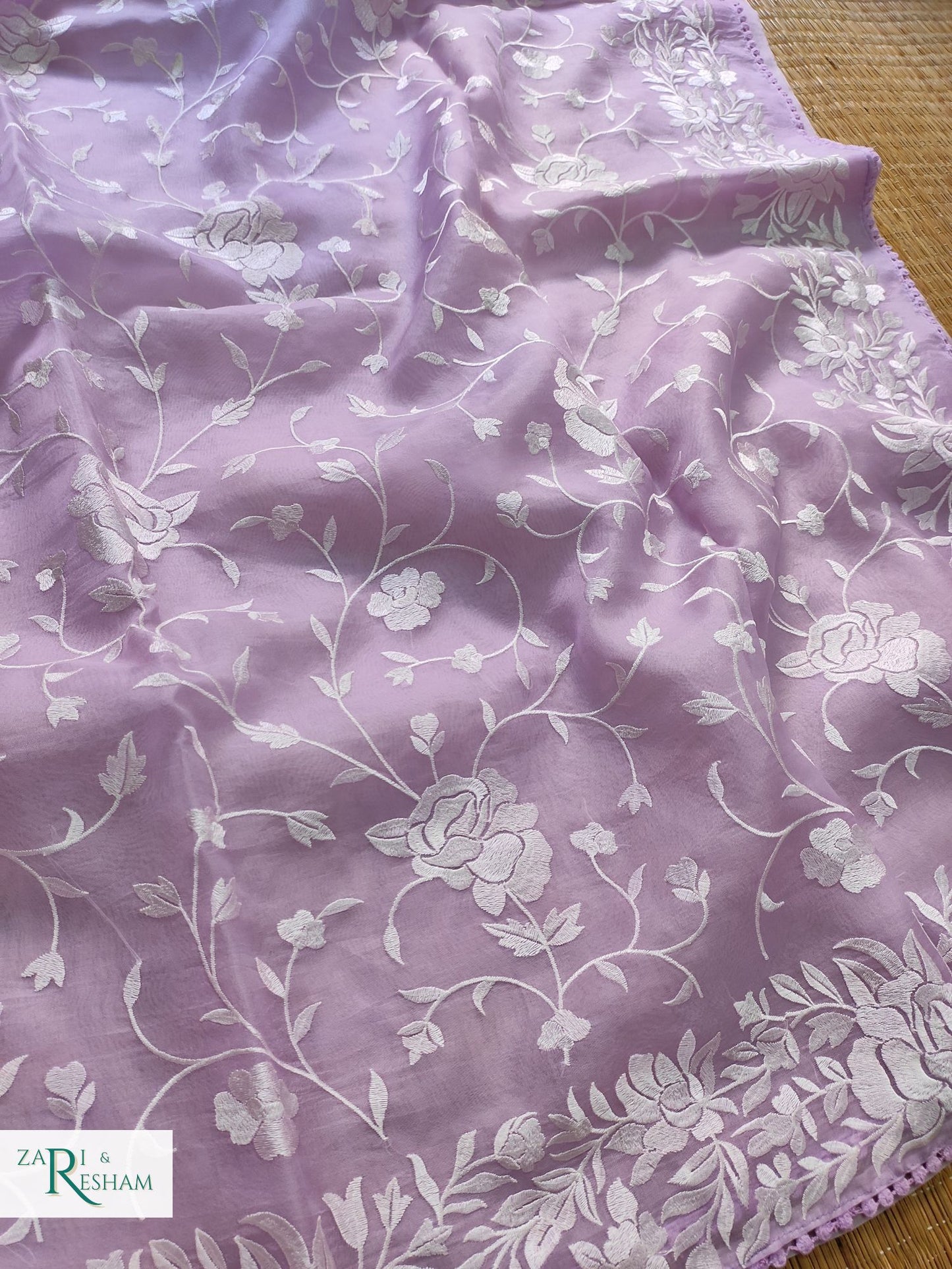 Pure Organza Silk Saree with Parsi Style Jaal Embroidery Work - Light Lavender