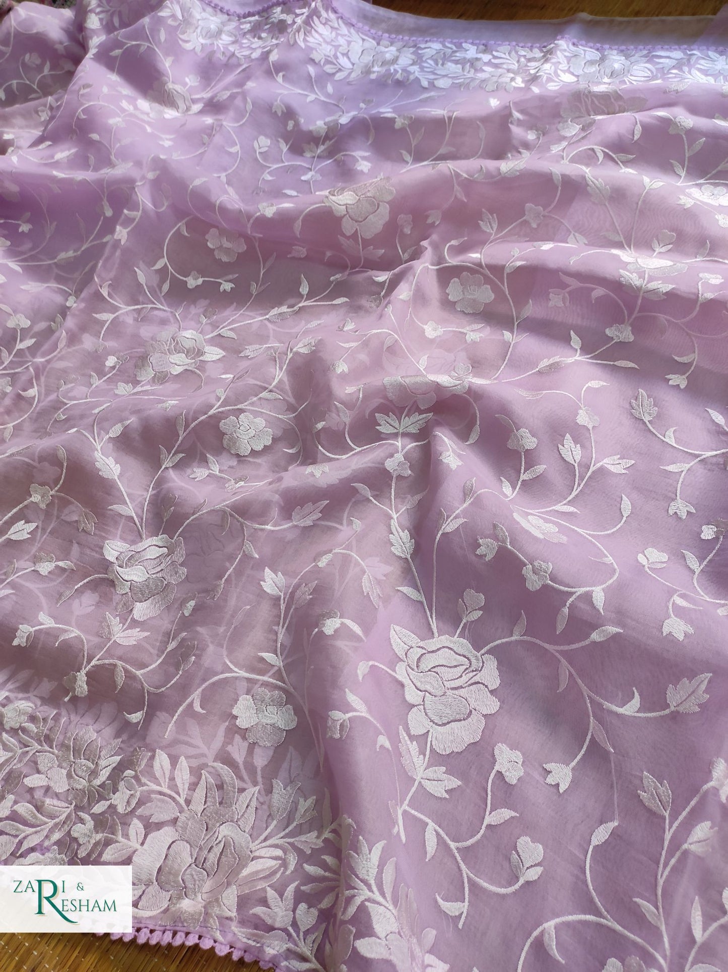 Pure Organza Silk Saree with Parsi Style Jaal Embroidery Work - Light Lavender