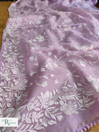 Pure Organza Silk Saree with Parsi Style Jaal Embroidery Work - Light Lavender