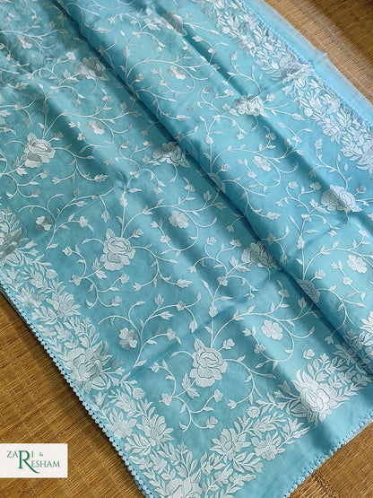 Pure Organza Silk Saree with Parsi Style Jaal Embroidery Work - Sky Blue