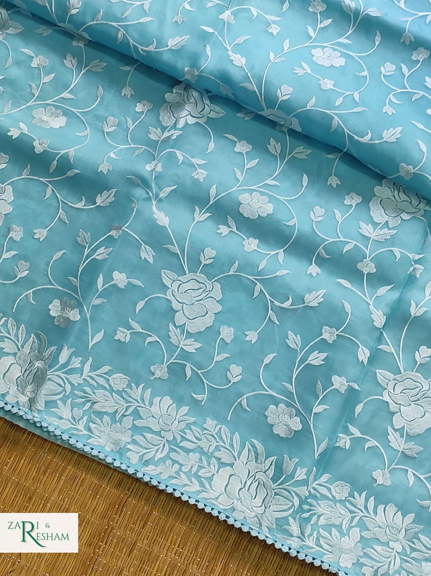 Pure Organza Silk Saree with Parsi Style Jaal Embroidery Work - Sky Blue