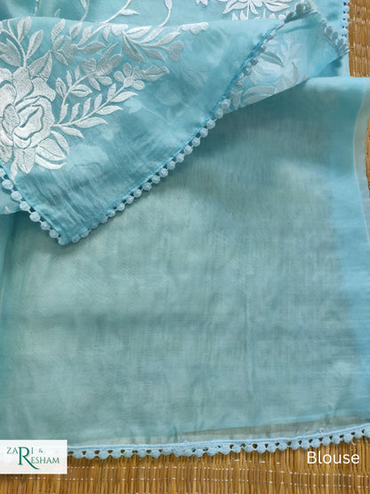 Pure Organza Silk Saree with Parsi Style Jaal Embroidery Work - Sky Blue