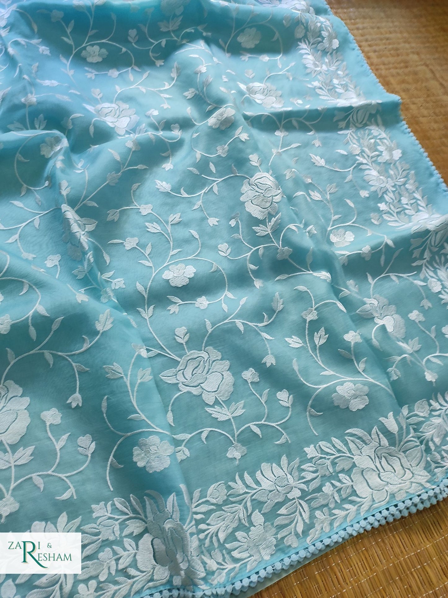 Pure Organza Silk Saree with Parsi Style Jaal Embroidery Work - Sky Blue