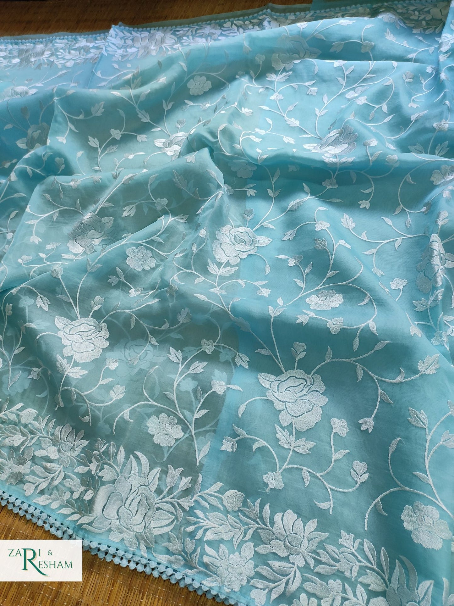 Pure Organza Silk Saree with Parsi Style Jaal Embroidery Work - Sky Blue