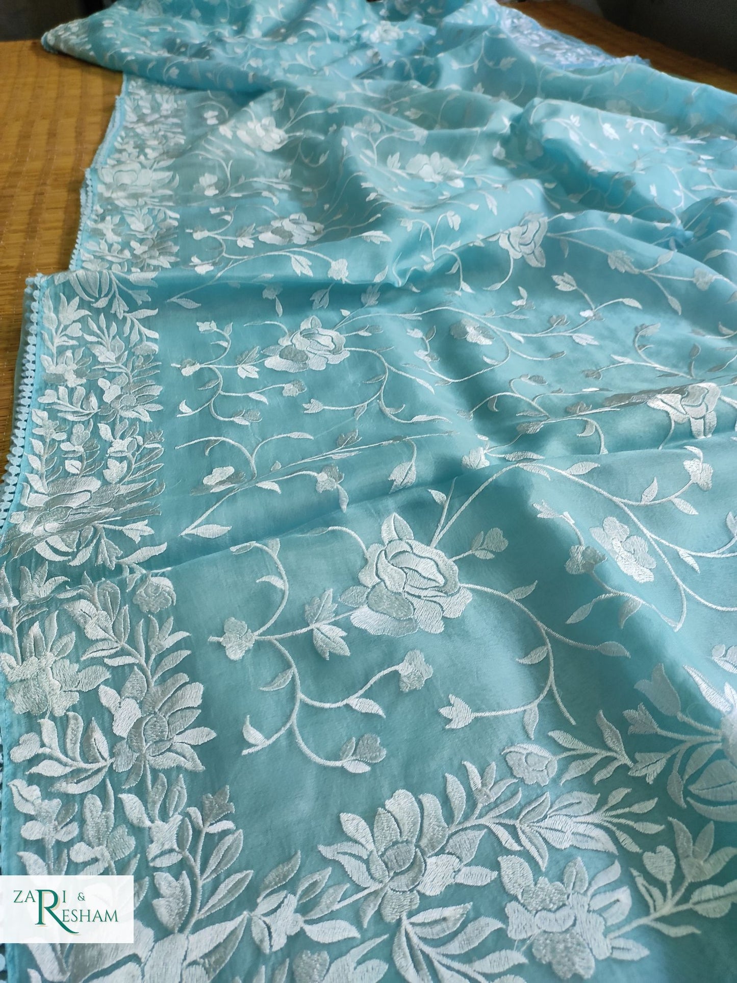 Pure Organza Silk Saree with Parsi Style Jaal Embroidery Work - Sky Blue