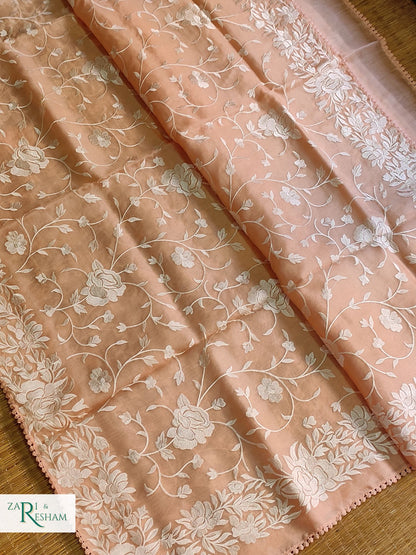 Pure Organza Silk Saree with Parsi Style Jaal Embroidery Work - Peach