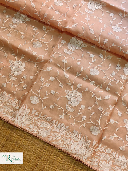 Pure Organza Silk Saree with Parsi Style Jaal Embroidery Work - Peach