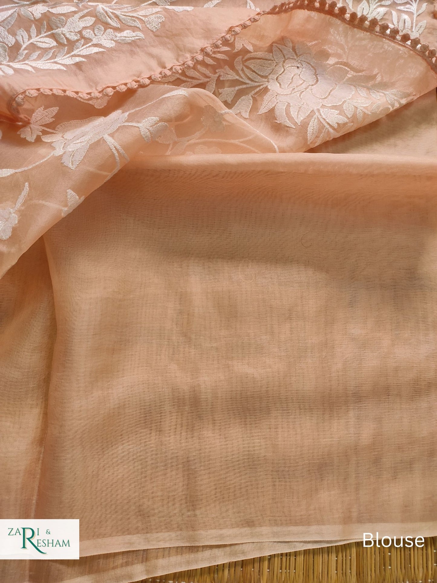 Pure Organza Silk Saree with Parsi Style Jaal Embroidery Work - Peach