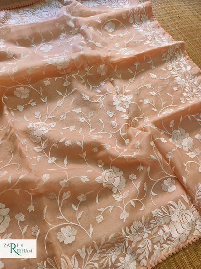 Pure Organza Silk Saree with Parsi Style Jaal Embroidery Work - Peach