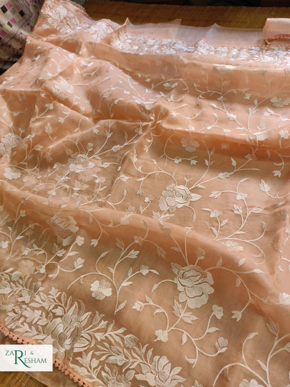 Pure Organza Silk Saree with Parsi Style Jaal Embroidery Work - Peach