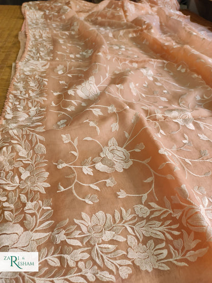 Pure Organza Silk Saree with Parsi Style Jaal Embroidery Work - Peach