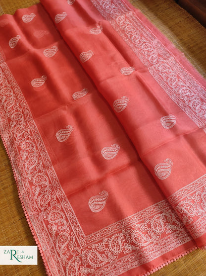 Pure Organza Silk Saree with Embroidery Work - Orange