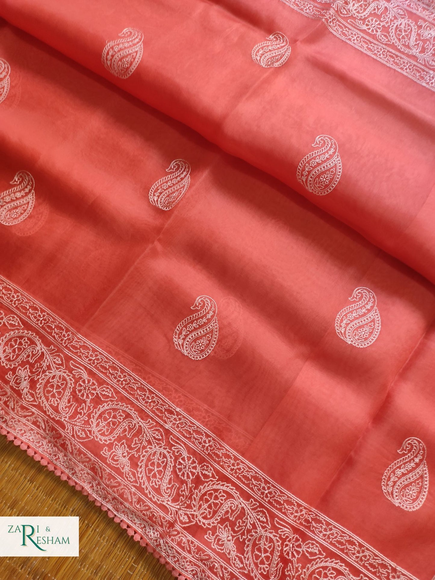 Pure Organza Silk Saree with Embroidery Work - Orange