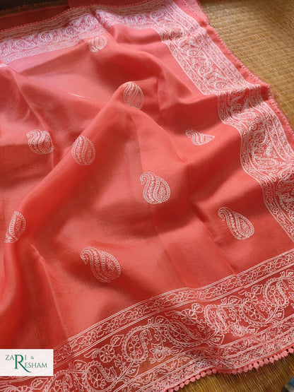 Pure Organza Silk Saree with Embroidery Work - Orange