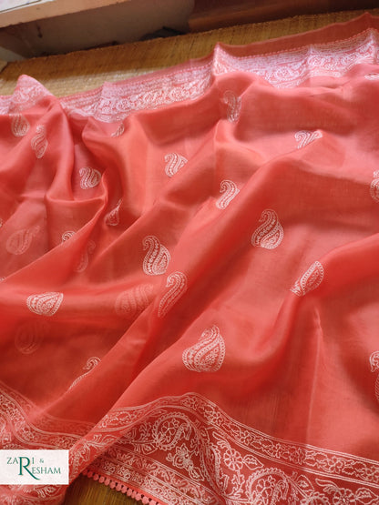 Pure Organza Silk Saree with Embroidery Work - Orange