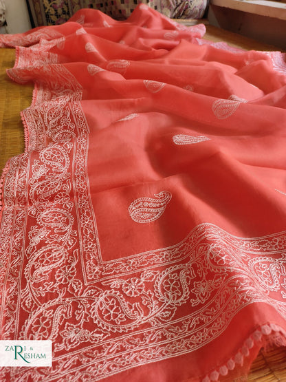 Pure Organza Silk Saree with Embroidery Work - Orange