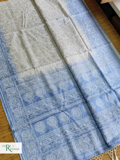 Pure Tusser Kota Silk Saree with Heavy Chikankari Embroidery Work - Blue