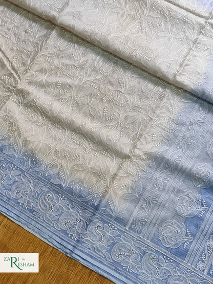 Pure Tusser Kota Silk Saree with Heavy Chikankari Embroidery Work - Blue