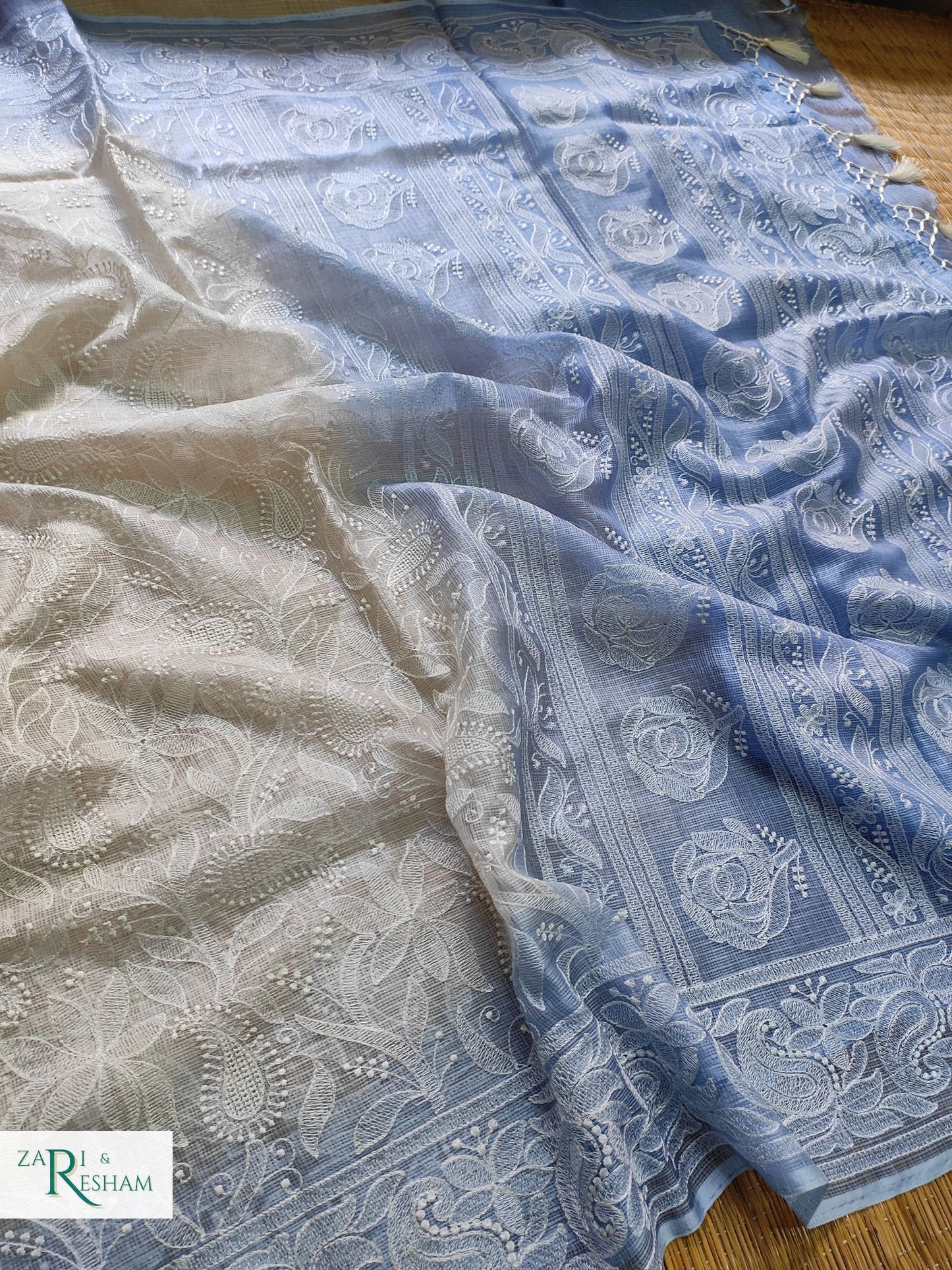 Pure Tusser Kota Silk Saree with Heavy Chikankari Embroidery Work - Blue