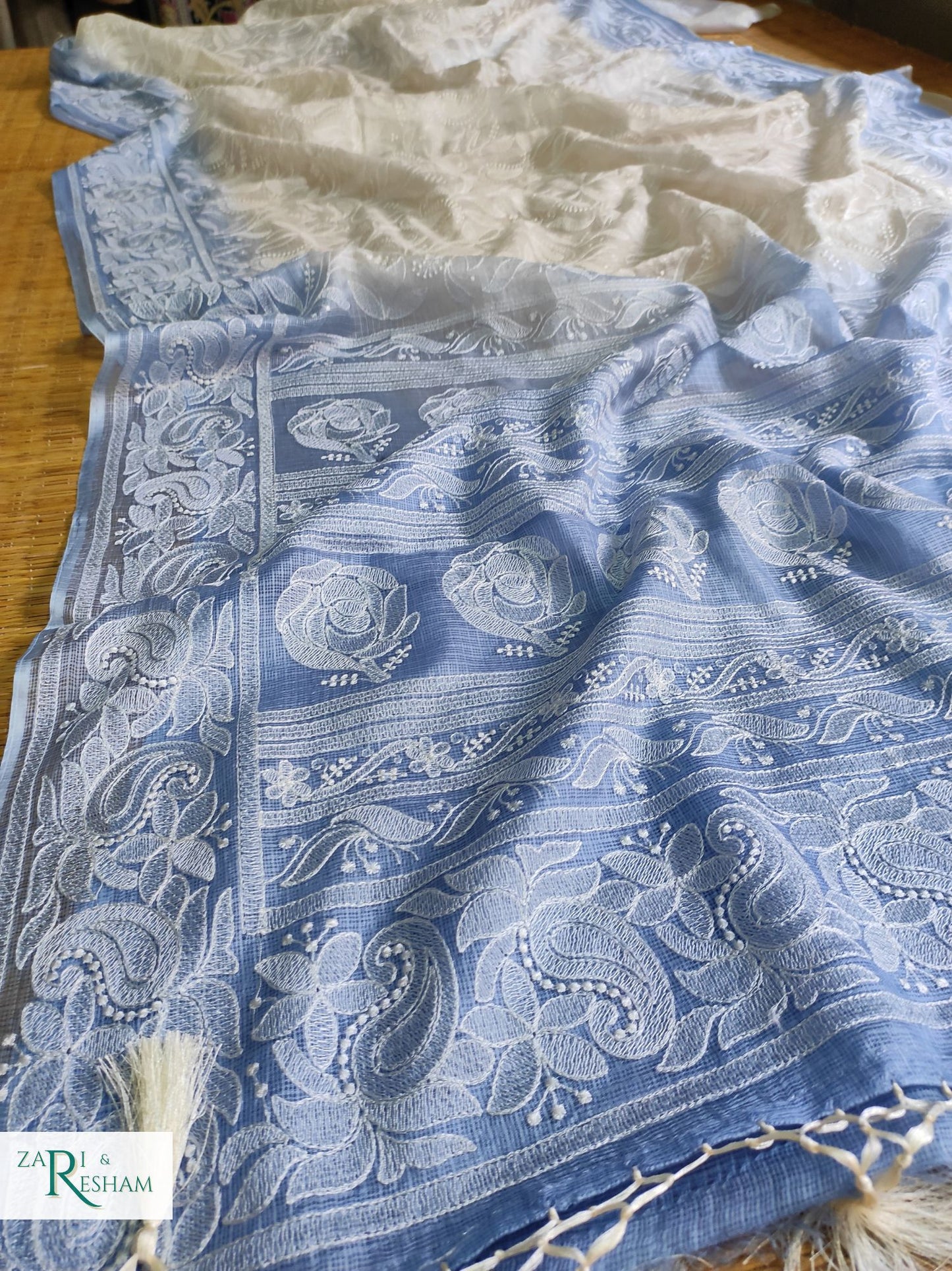 Pure Tusser Kota Silk Saree with Heavy Chikankari Embroidery Work - Blue