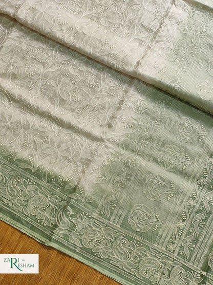 Pure Tusser Kota Silk Saree with Heavy Chikankari Embroidery Work - Green