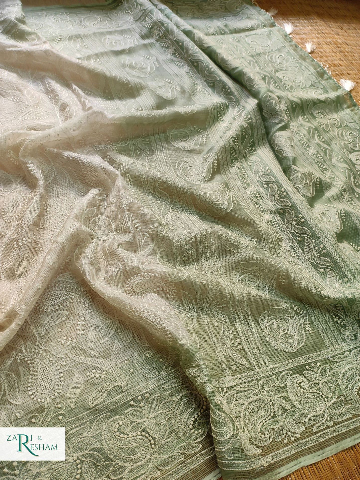 Pure Tusser Kota Silk Saree with Heavy Chikankari Embroidery Work - Green