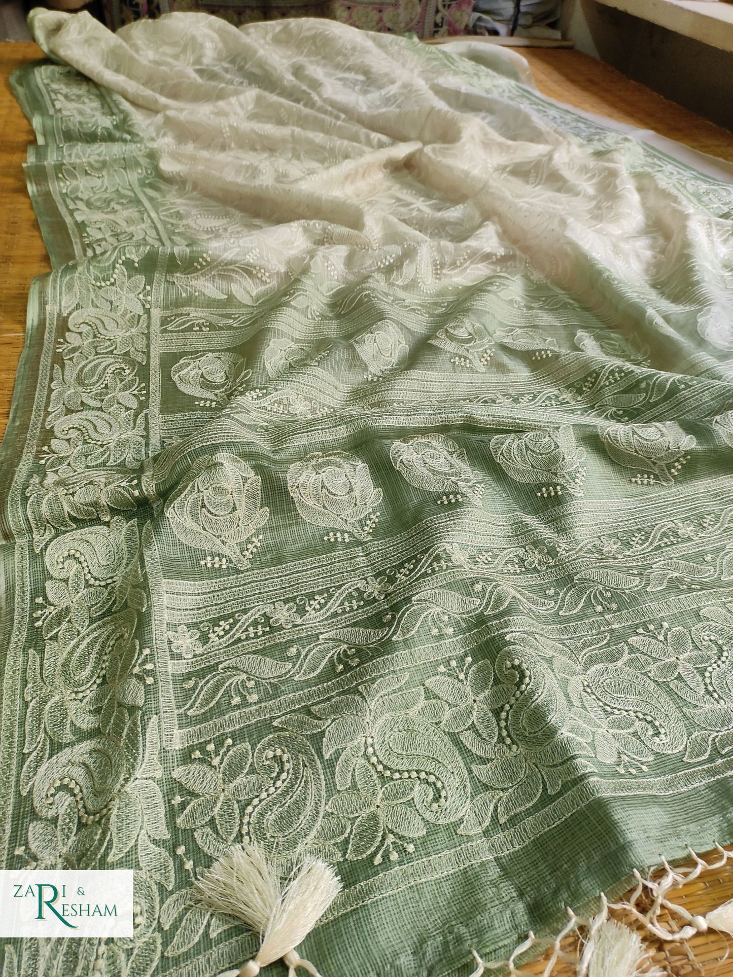 Pure Tusser Kota Silk Saree with Heavy Chikankari Embroidery Work - Green