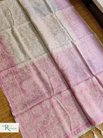 Pure Tusser Kota Silk Saree with Heavy Chikankari Embroidery Work - Pink