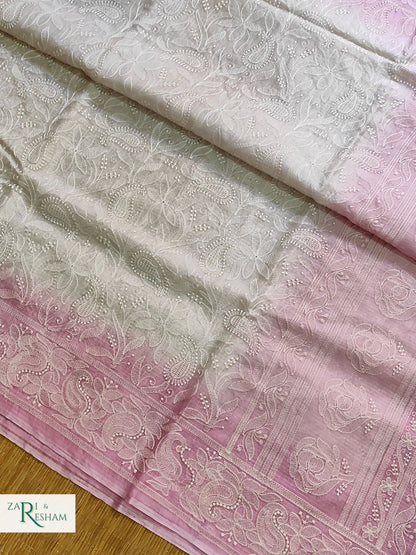 Pure Tusser Kota Silk Saree with Heavy Chikankari Embroidery Work - Pink