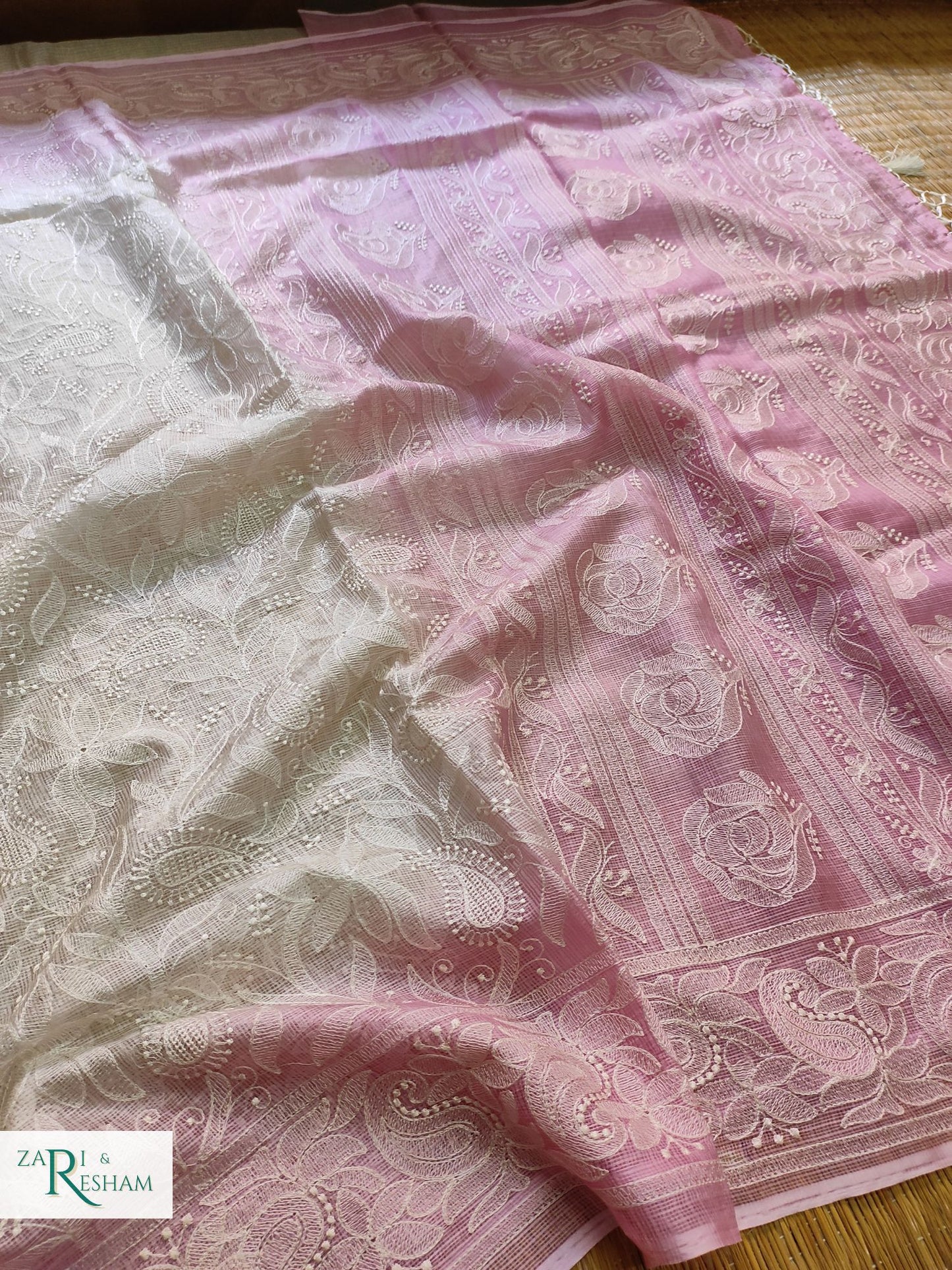 Pure Tusser Kota Silk Saree with Heavy Chikankari Embroidery Work - Pink