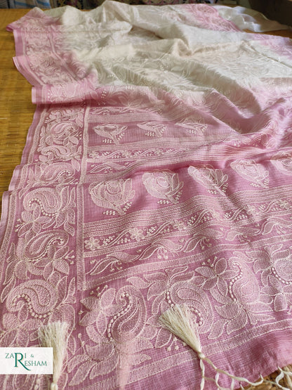 Pure Tusser Kota Silk Saree with Heavy Chikankari Embroidery Work - Pink