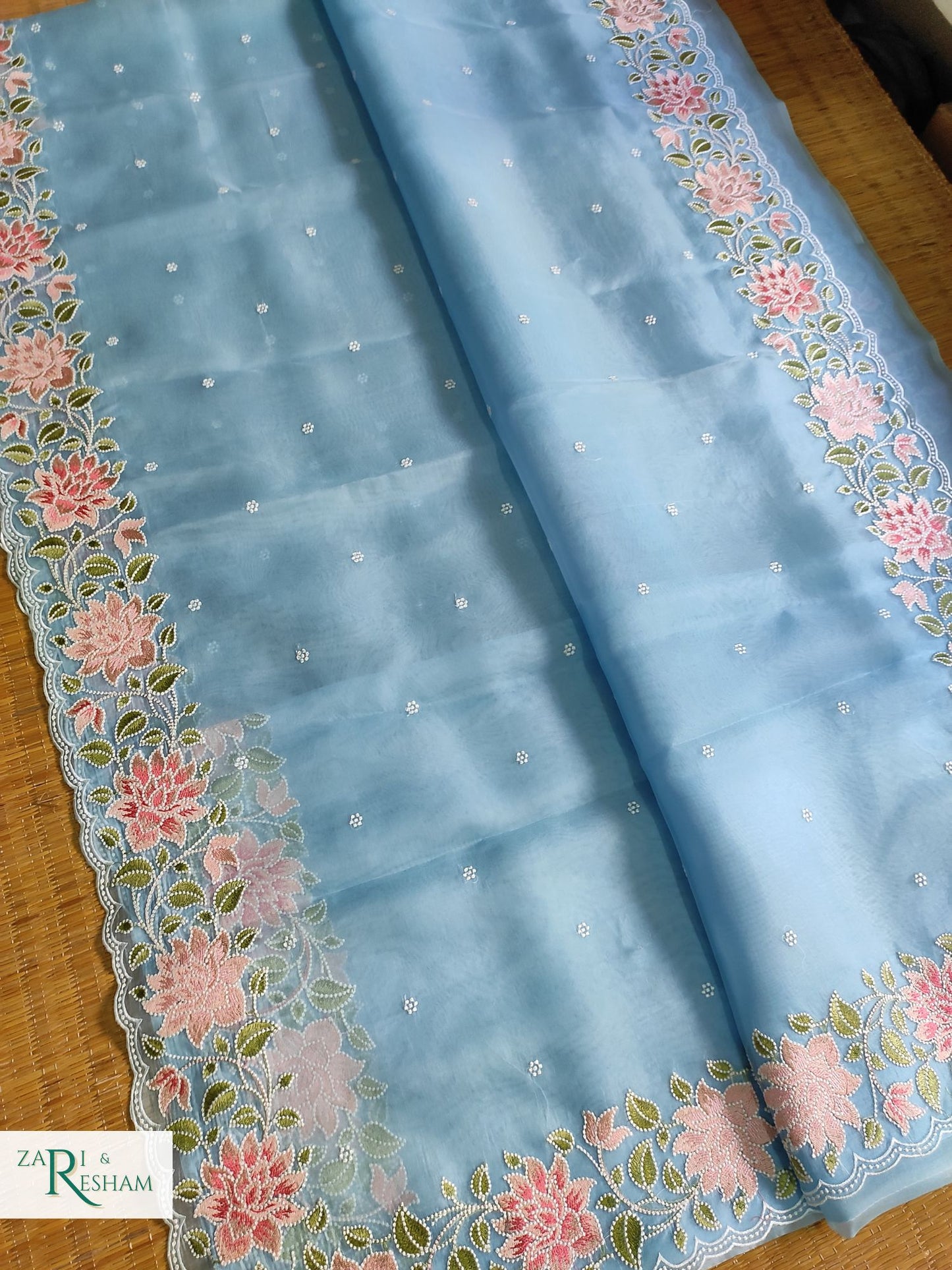 Pure Organza Silk Saree with Floral Style Embroidery Work with Scalloped Edges - Blue