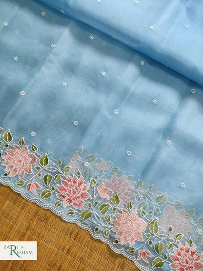 Pure Organza Silk Saree with Floral Style Embroidery Work with Scalloped Edges - Blue