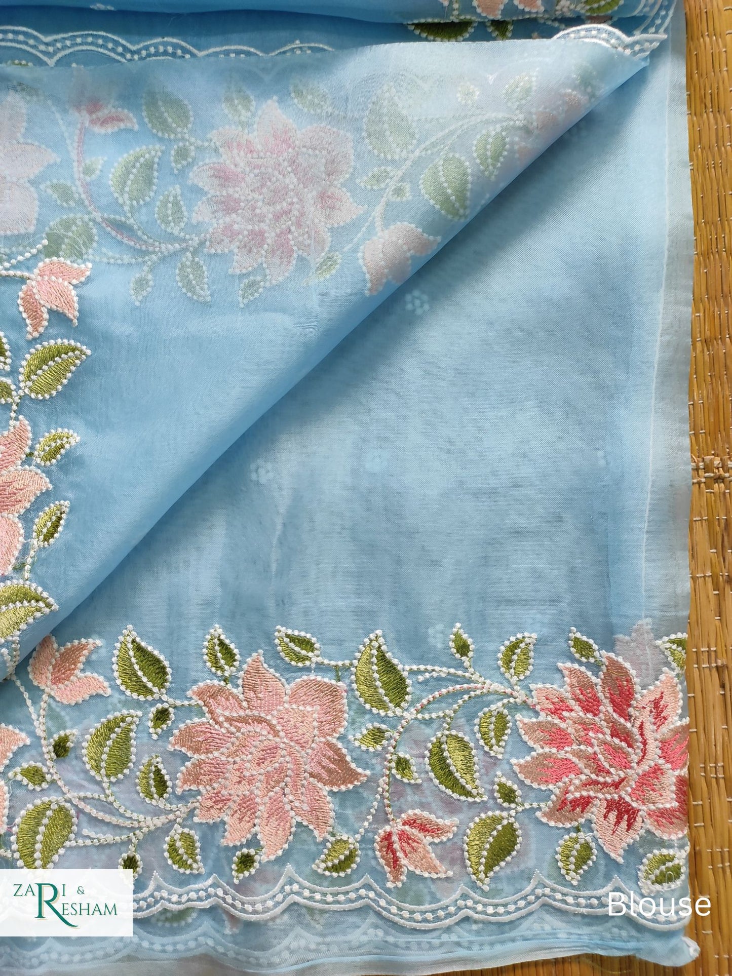 Pure Organza Silk Saree with Floral Style Embroidery Work with Scalloped Edges - Blue