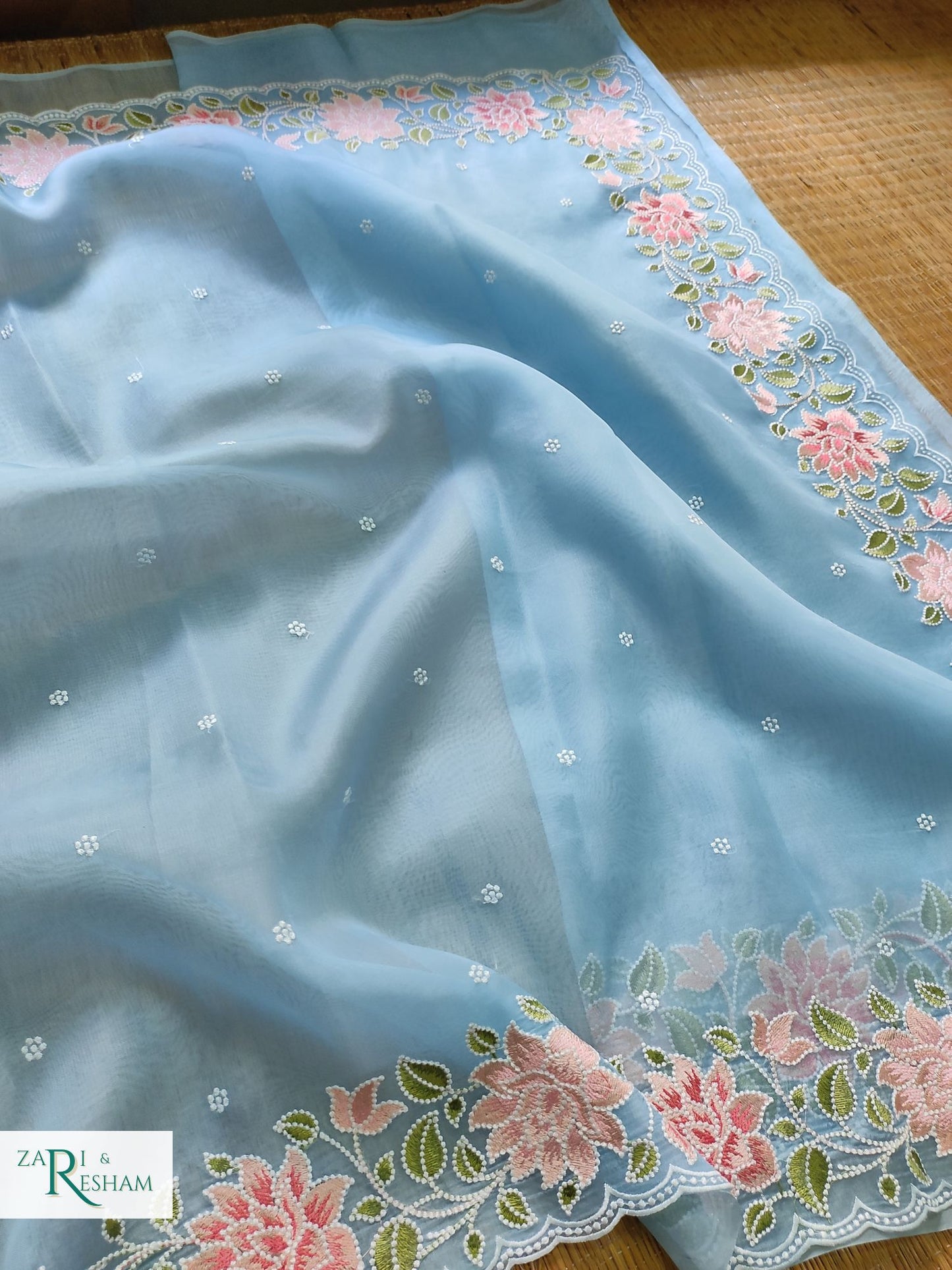 Pure Organza Silk Saree with Floral Style Embroidery Work with Scalloped Edges - Blue