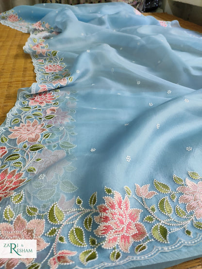 Pure Organza Silk Saree with Floral Style Embroidery Work with Scalloped Edges - Blue